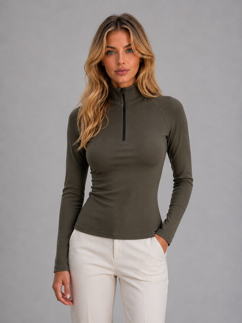 Women's Ribbed Half Zip Top – High Neck Long Sleeve
