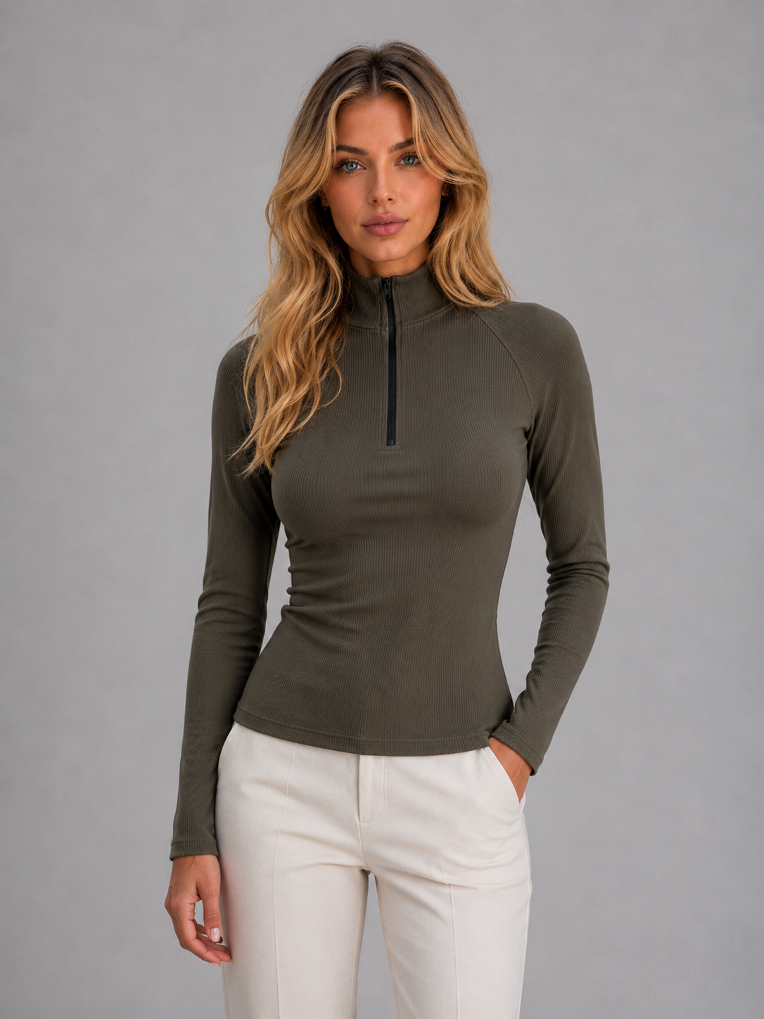 Women's Ribbed Half Zip Top – High Neck Long Sleeve