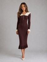 Women’s Ribbed Knit Bodycon Midi Dress – Ruffle Collar Long Sleeve Style