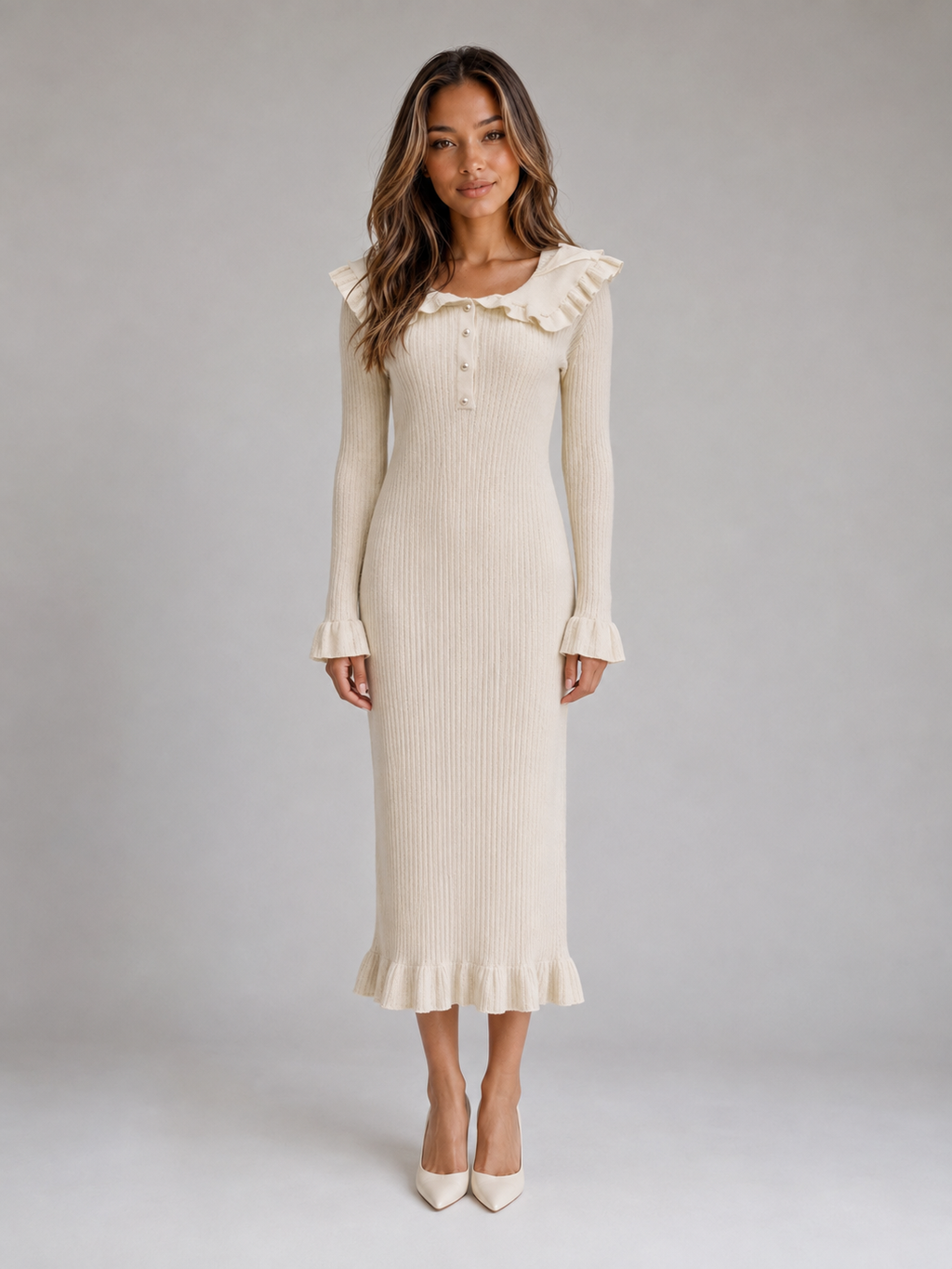 Women’s Ribbed Knit Bodycon Midi Dress – Ruffle Collar Long Sleeve Style