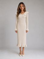 Women’s Ribbed Knit Bodycon Midi Dress – Ruffle Collar Long Sleeve Style