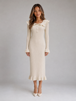 Women’s Ribbed Knit Bodycon Midi Dress – Ruffle Collar Long Sleeve Style