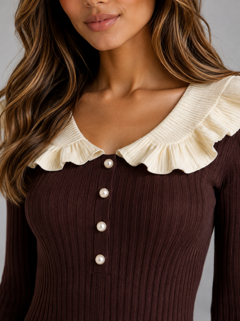 Women’s Ribbed Knit Bodycon Midi Dress – Ruffle Collar Long Sleeve Style