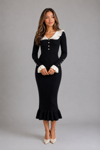 Women’s Ribbed Knit Bodycon Midi Dress – Ruffle Collar Long Sleeve Style