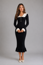 Women’s Ribbed Knit Bodycon Midi Dress – Ruffle Collar Long Sleeve Style