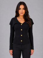 Women’s Ribbed Knit Cardigan – Gold Button Cape Collar Jumper