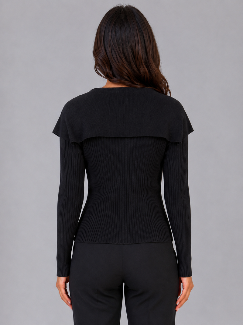 Women’s Ribbed Knit Cardigan – Gold Button Cape Collar Jumper