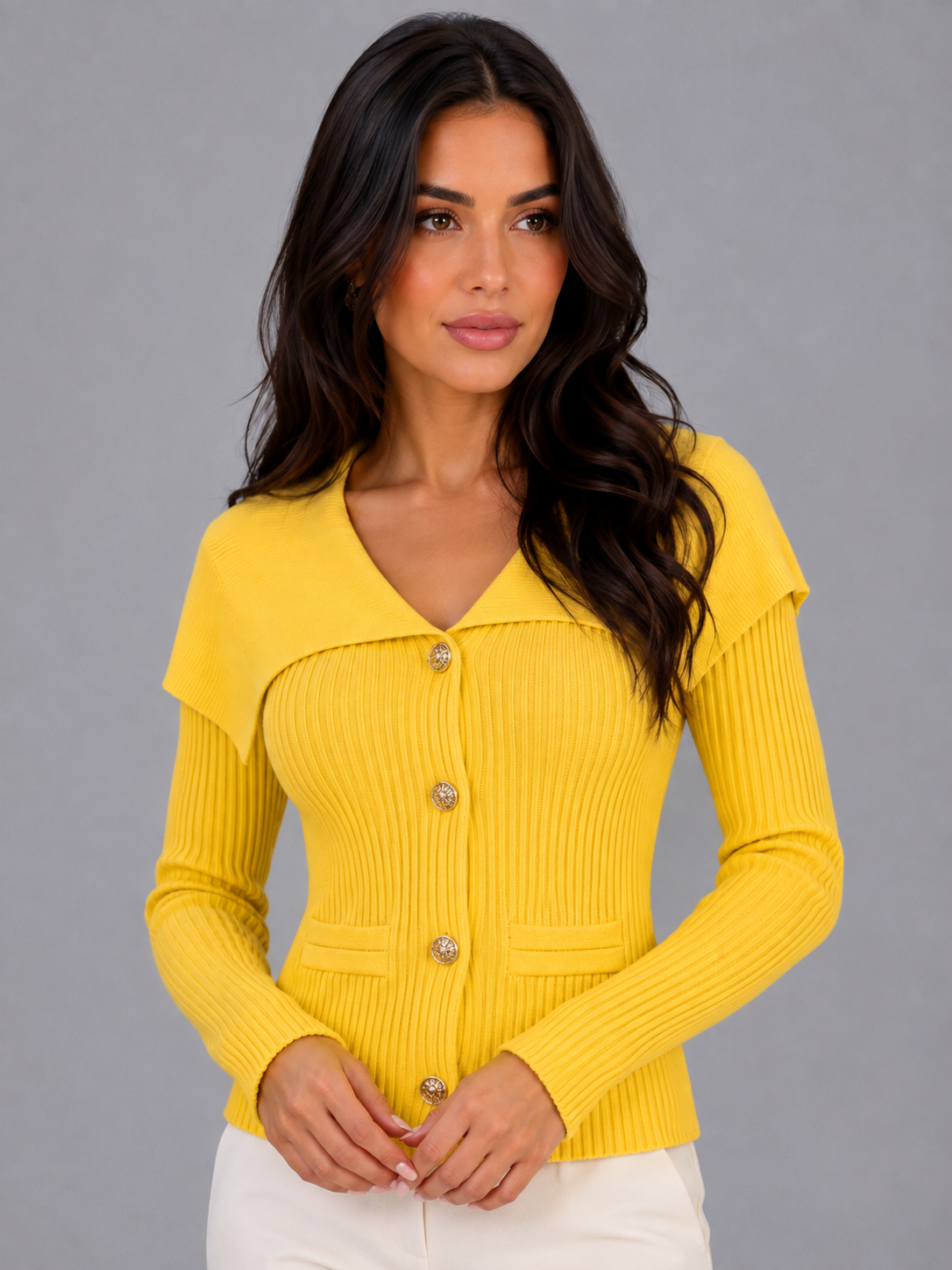 Women’s Ribbed Knit Cardigan – Gold Button Cape Collar Jumper