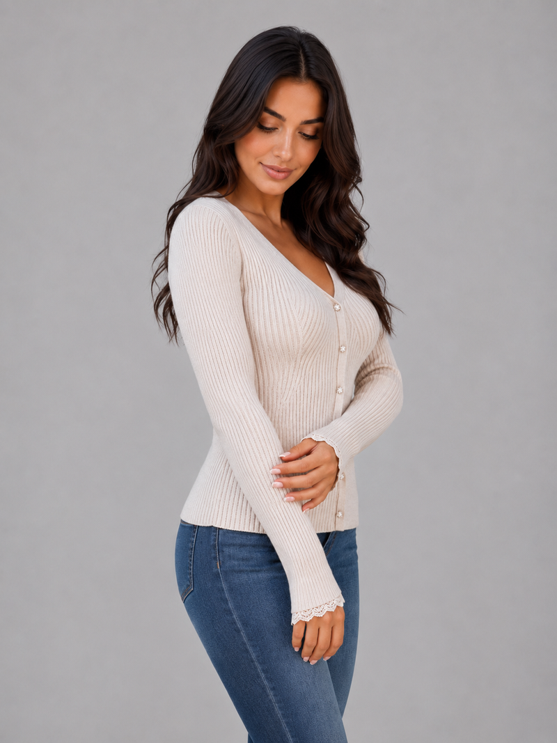 Women’s Ribbed Knit Cardigan – V-Neck Button Up Jumper