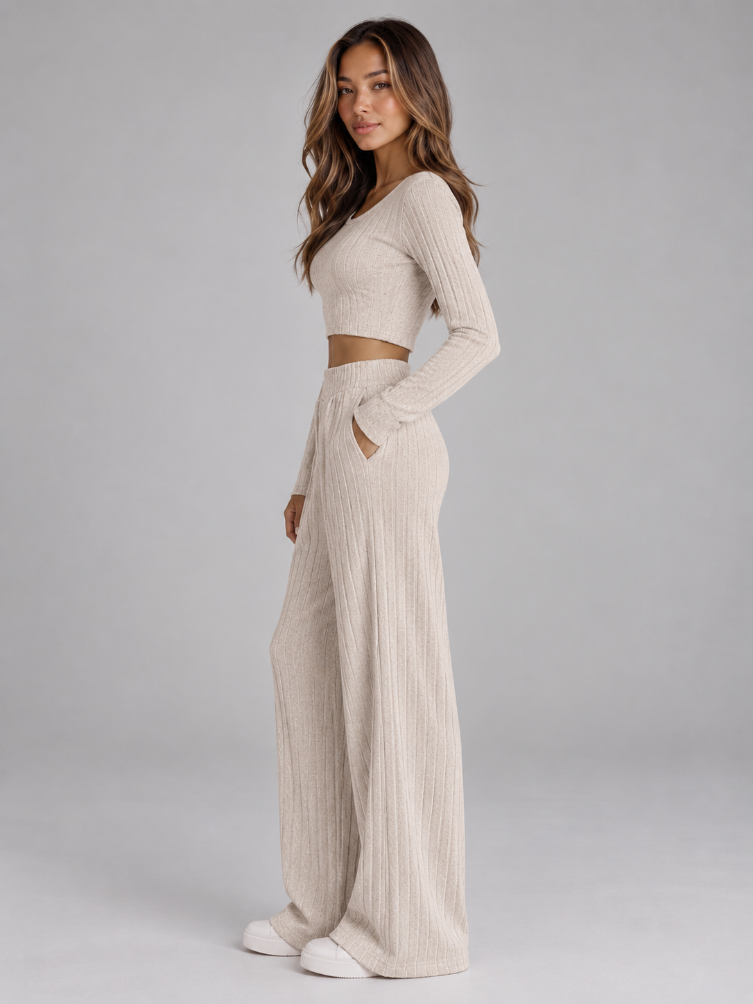Women’s Ribbed Knit Co-Ord Set – Cropped Long Sleeve Top & Wide Leg Trousers