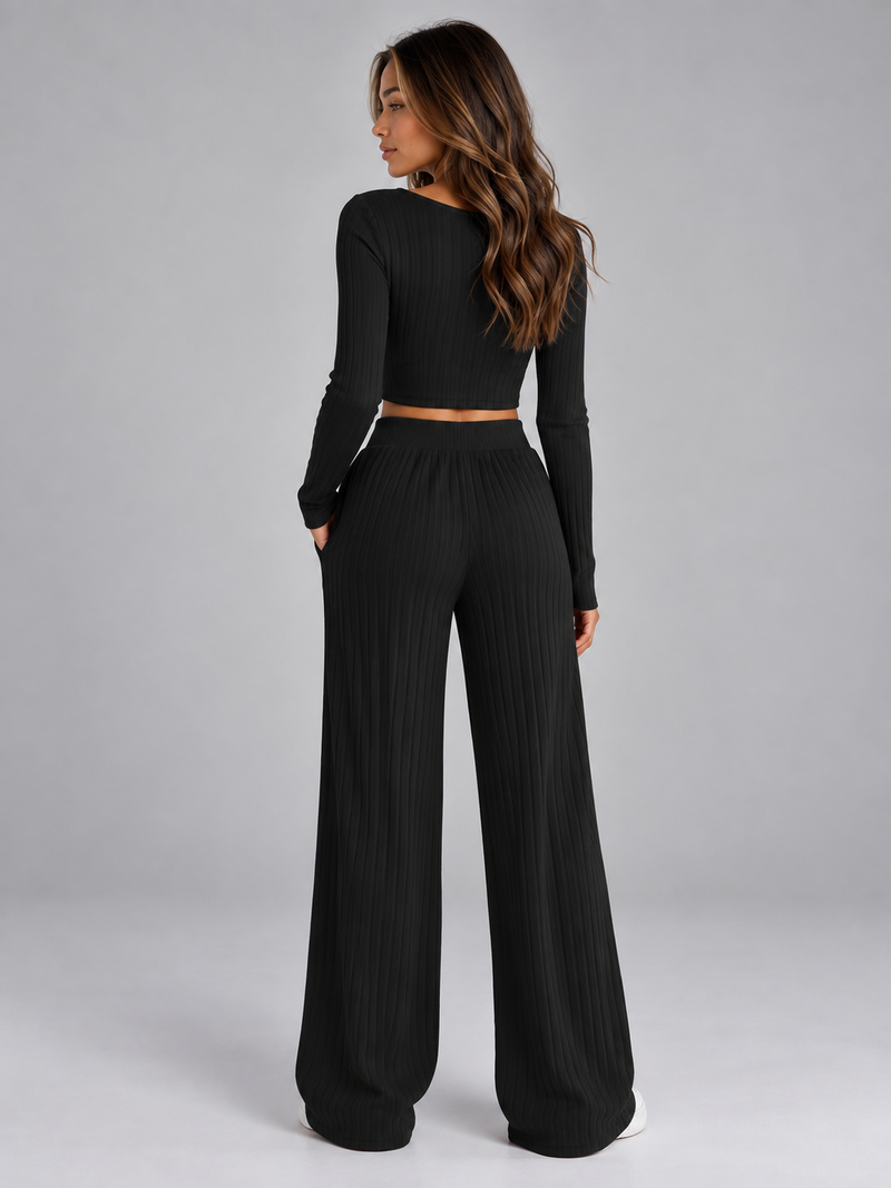 Women’s Ribbed Knit Co-Ord Set – Cropped Long Sleeve Top & Wide Leg Trousers