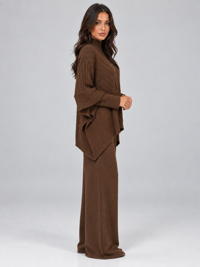 Women’s Ribbed Knit Co-Ord Set – Jumper & Wide Leg Trousers Two-Piece Outfit