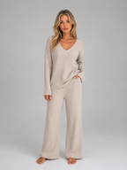 Women's Ribbed Knit Lounge Set – Soft V-Neck Jumper & Wide Leg Trousers Co-Ord