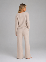 Women's Ribbed Knit Lounge Set – Soft V-Neck Jumper & Wide Leg Trousers Co-Ord