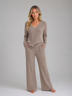 Women's Ribbed Knit Lounge Set – Soft V-Neck Jumper & Wide Leg Trousers Co-Ord