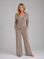 Women's Ribbed Knit Lounge Set – Soft V-Neck Jumper & Wide Leg Trousers Co-Ord