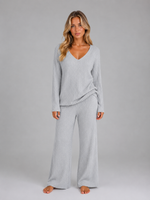 Women's Ribbed Knit Lounge Set – Soft V-Neck Jumper & Wide Leg Trousers Co-Ord