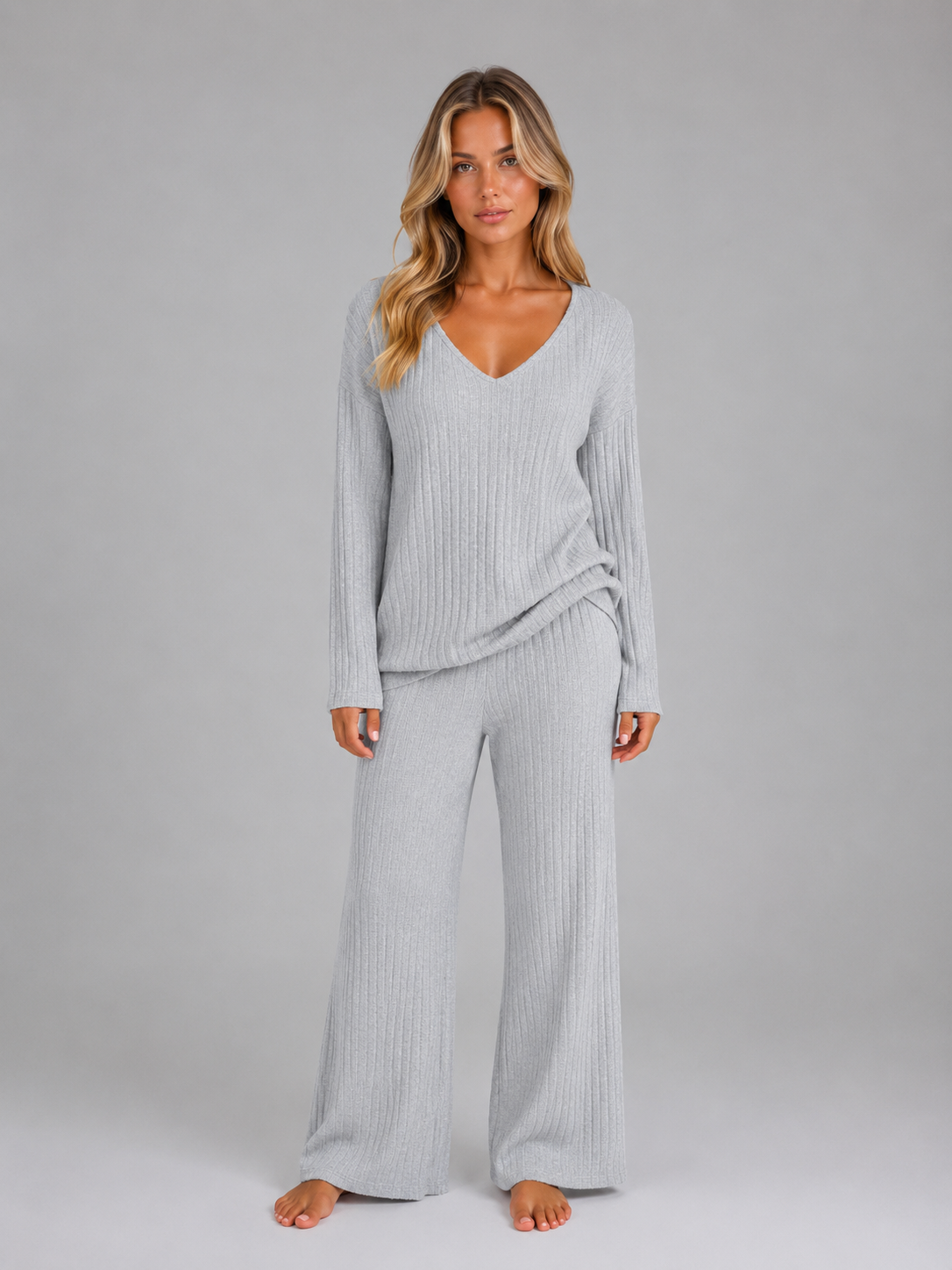 Women's Ribbed Knit Lounge Set – Soft V-Neck Jumper & Wide Leg Trousers Co-Ord