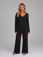 Women's Ribbed Knit Lounge Set – Soft V-Neck Jumper & Wide Leg Trousers Co-Ord