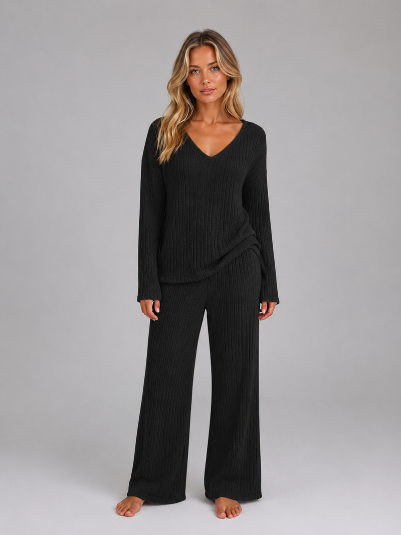 Women's Ribbed Knit Lounge Set – Soft V-Neck Jumper & Wide Leg Trousers Co-Ord