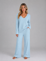 Women's Ribbed Knit Lounge Set – Soft V-Neck Jumper & Wide Leg Trousers Co-Ord