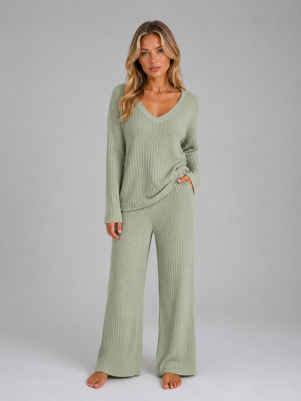 Women's Ribbed Knit Lounge Set – Soft V-Neck Jumper & Wide Leg Trousers Co-Ord
