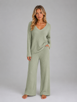 Women's Ribbed Knit Lounge Set – Soft V-Neck Jumper & Wide Leg Trousers Co-Ord