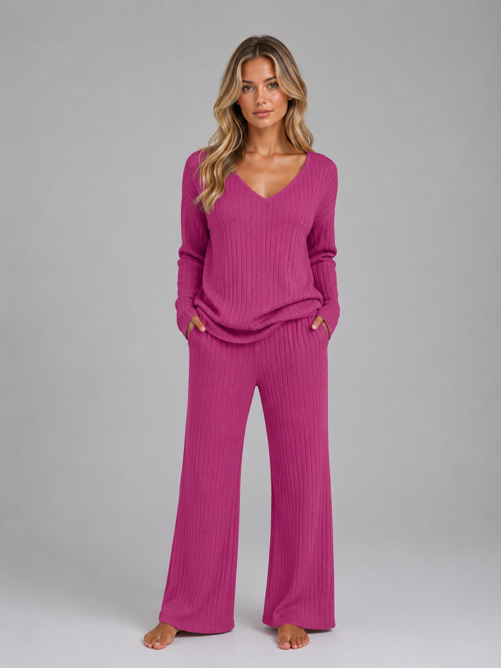 Women's Ribbed Knit Lounge Set – Soft V-Neck Jumper & Wide Leg Trousers Co-Ord