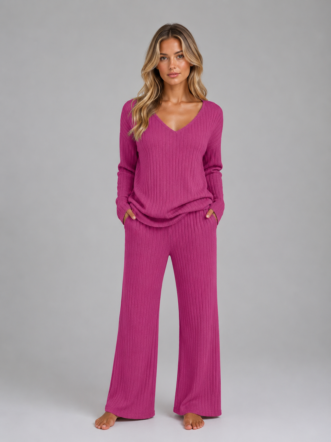 Women's Ribbed Knit Lounge Set – Soft V-Neck Jumper & Wide Leg Trousers Co-Ord