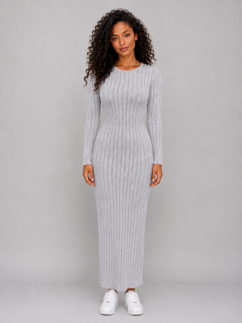 Women’s Ribbed Knit Maxi Dress – Long Sleeve Bodycon Style