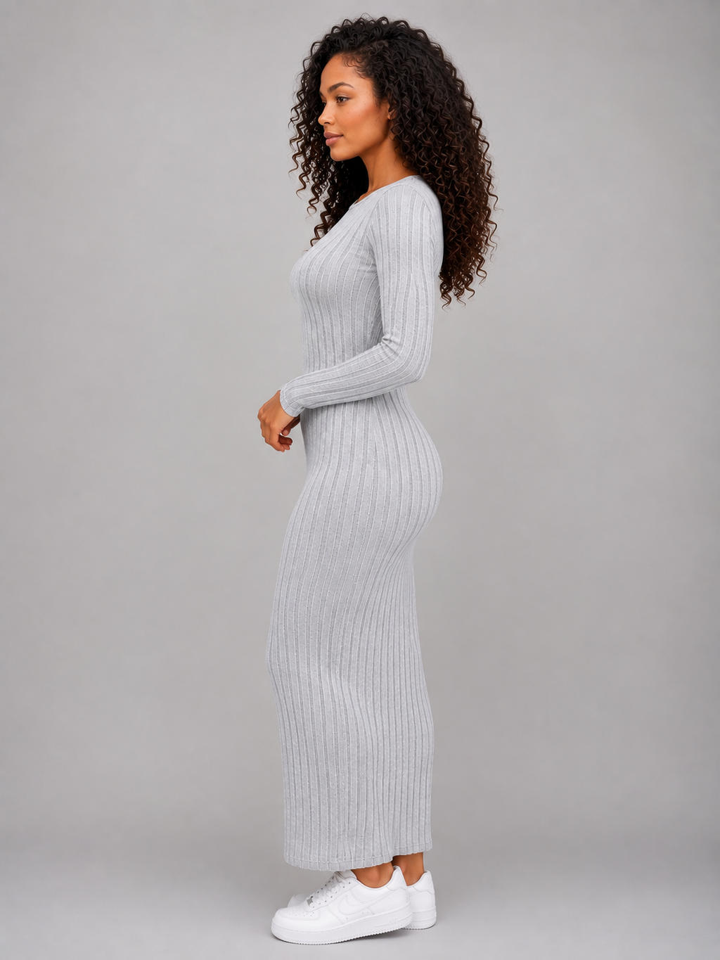 Women’s Ribbed Knit Maxi Dress – Long Sleeve Bodycon Style