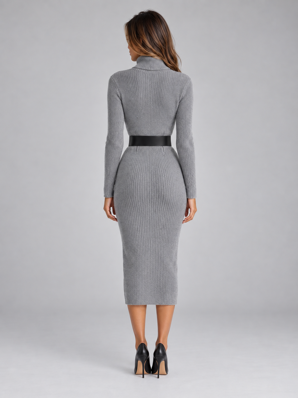 Women’s Ribbed Knit Midi Dress with Belt – Roll Neck Long Sleeve Jumper Dress