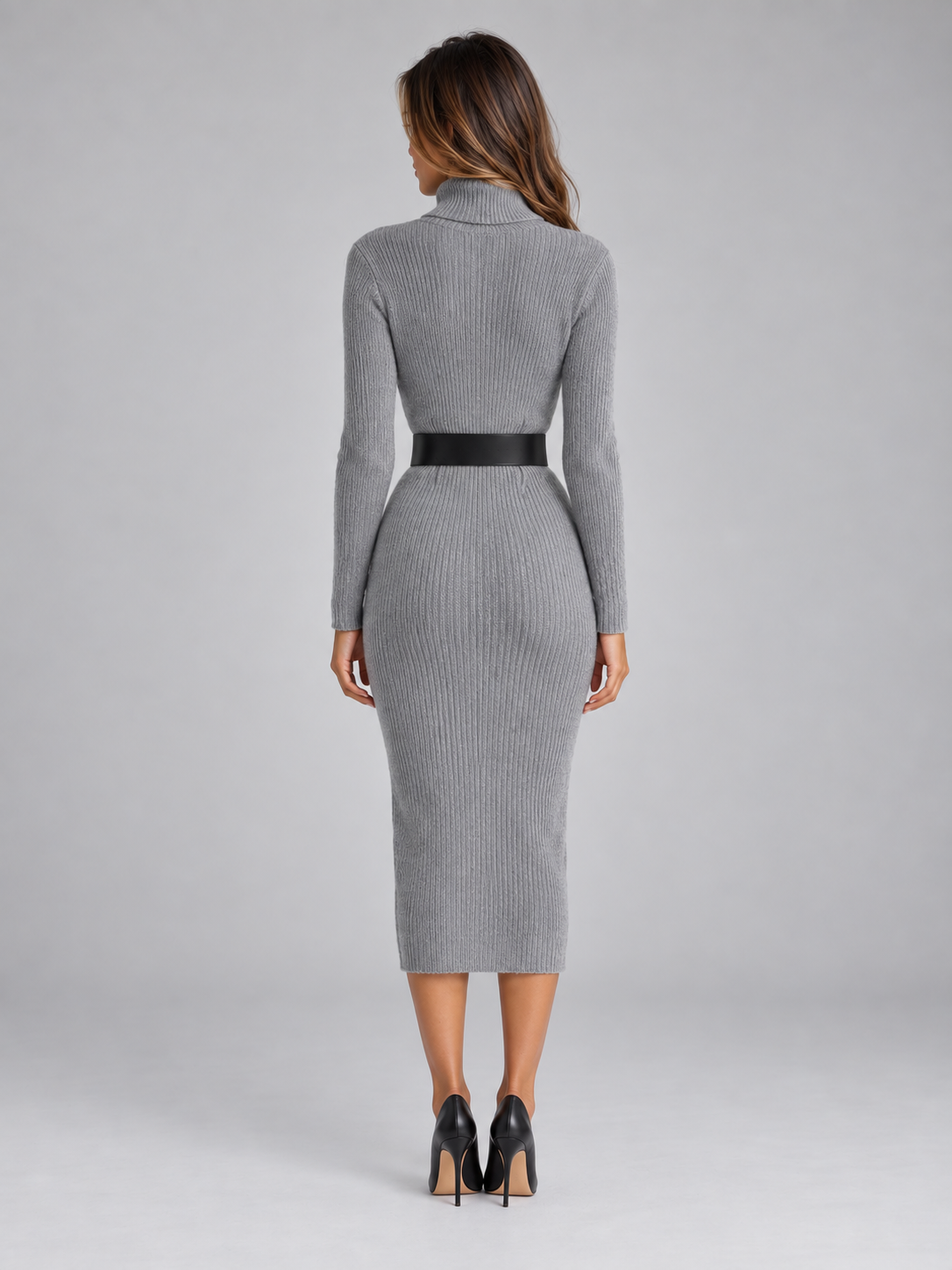 Women’s Ribbed Knit Midi Dress with Belt – Roll Neck Long Sleeve Jumper Dress