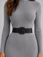 Women’s Ribbed Knit Midi Dress with Belt – Roll Neck Long Sleeve Jumper Dress
