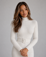 Women’s Ribbed Knit Midi Dress with Belt – Roll Neck Long Sleeve Jumper Dress