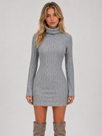 Women’s Ribbed Knit Mini Dress – Roll Neck Fitted Long Sleeve