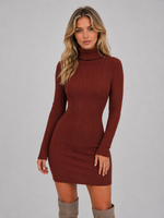 Women’s Ribbed Knit Mini Dress – Roll Neck Fitted Long Sleeve