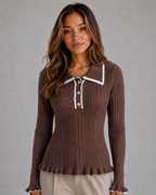 Women’s Ribbed Knit Polo Jumper – Long Sleeve Fitted Top