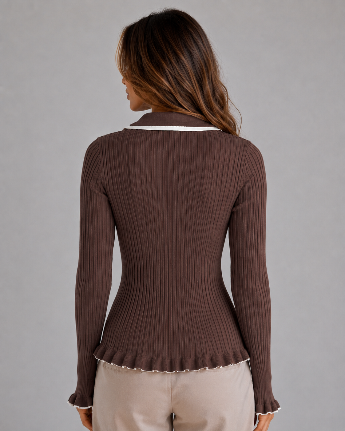 Women’s Ribbed Knit Polo Jumper – Long Sleeve Fitted Top
