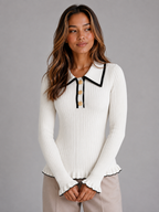 Women’s Ribbed Knit Polo Jumper – Long Sleeve Fitted Top