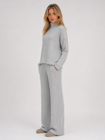 Women's Ribbed Knitted Lounge Set – Roll Neck Jumper & Wide Leg Trousers