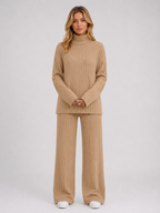 Women's Ribbed Knitted Lounge Set – Roll Neck Jumper & Wide Leg Trousers