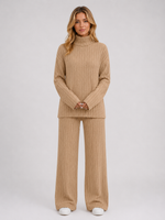 Women's Ribbed Knitted Lounge Set – Roll Neck Jumper & Wide Leg Trousers