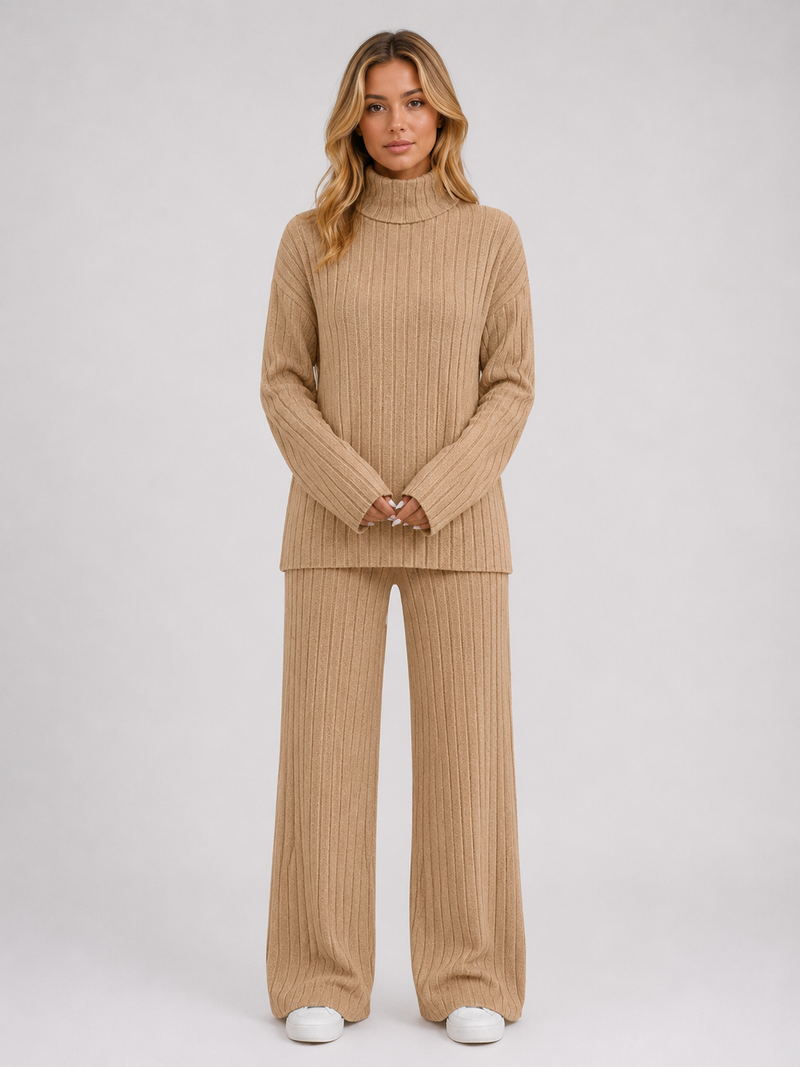 Women's Ribbed Knitted Lounge Set – Roll Neck Jumper & Wide Leg Trousers