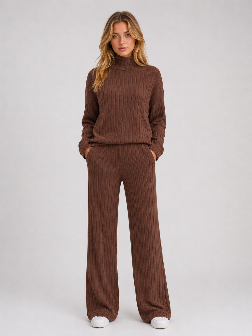 Women's Ribbed Knitted Lounge Set – Roll Neck Jumper & Wide Leg Trousers