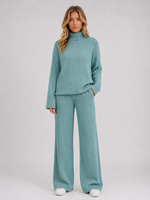 Women's Ribbed Knitted Lounge Set – Roll Neck Jumper & Wide Leg Trousers