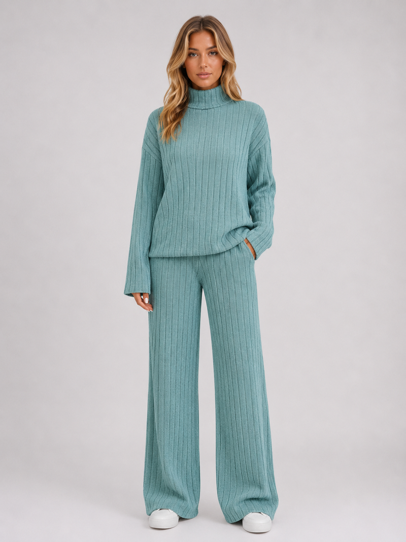 Women's Ribbed Knitted Lounge Set – Roll Neck Jumper & Wide Leg Trousers