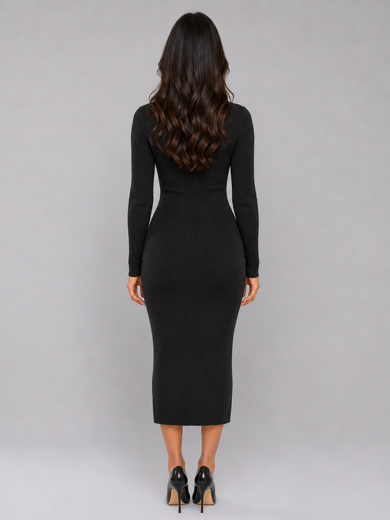 Women’s Ribbed Knitted Midi Dress – Slim Fit Button Front