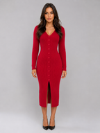 Women’s Ribbed Knitted Midi Dress – Slim Fit Button Front