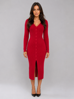 Women’s Ribbed Knitted Midi Dress – Slim Fit Button Front
